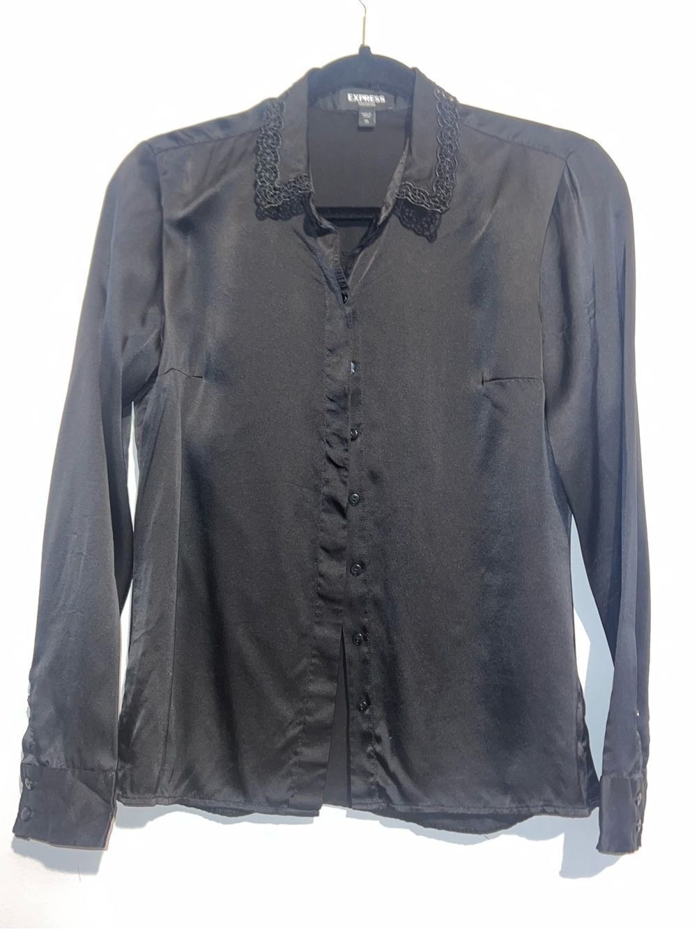 Express Black Satin Button-Down Blouse with Embroidered Lace Collar
